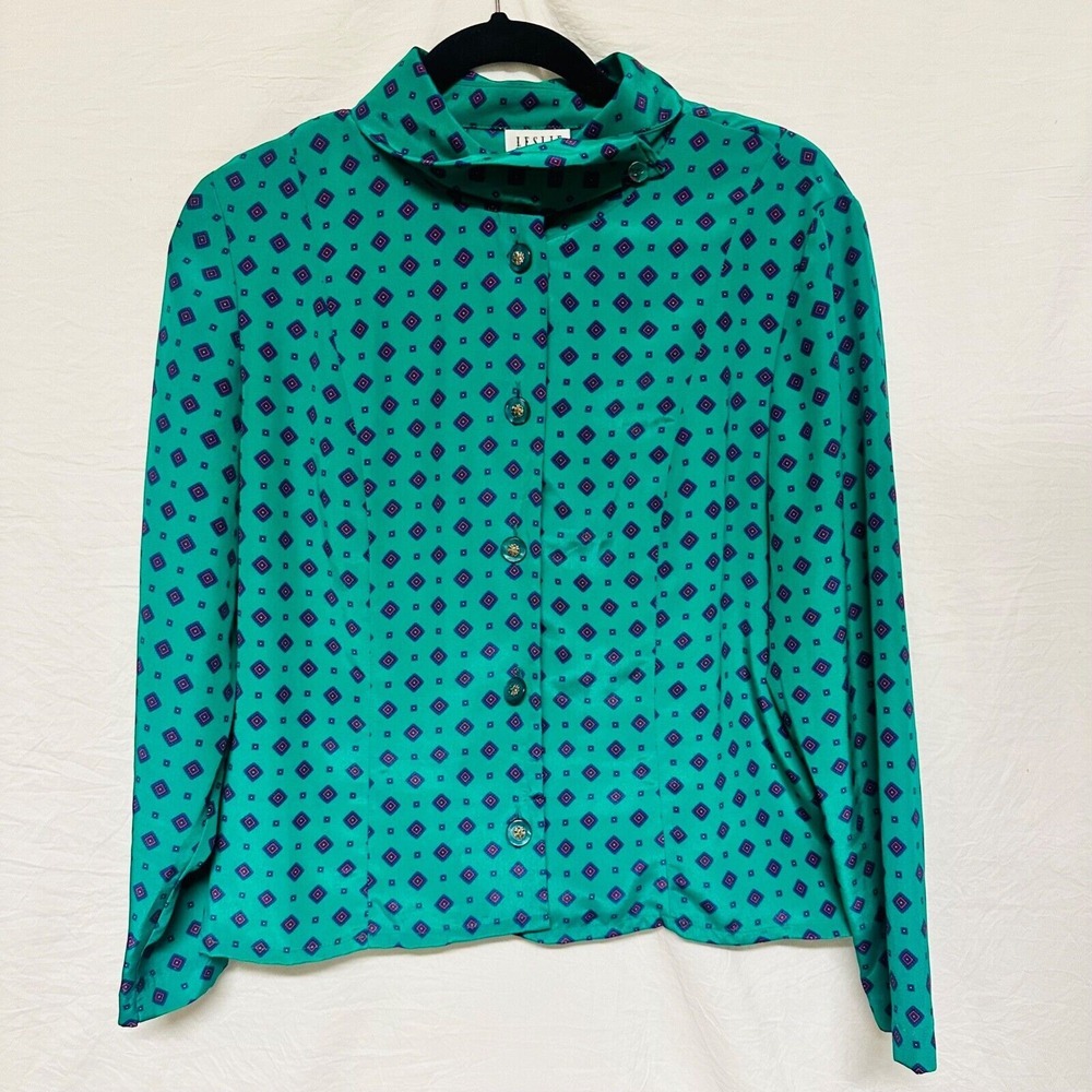 Leslie Fay Blouse Vintage Green Dots Long sleeves‎ Button down SZ 10 Turtle Neck